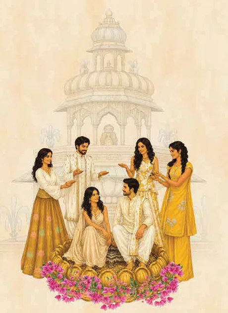 Hand-painted haldi ceremony scene from the invitation