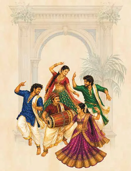 Hand-painted dancers with a dholak from the invitation
