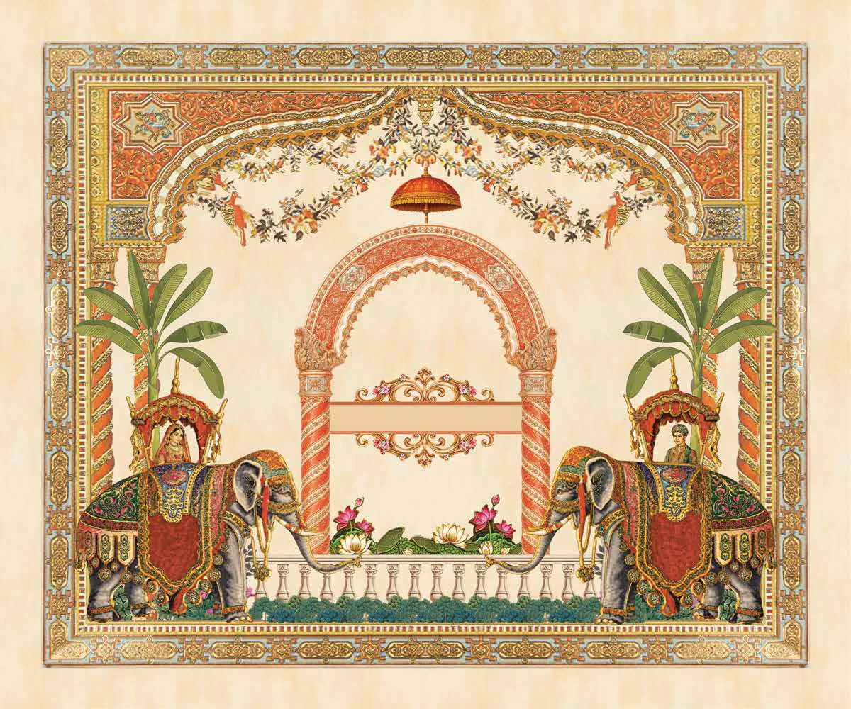 The printed wedding invitation: two royal elephants beneath a vermillion arch