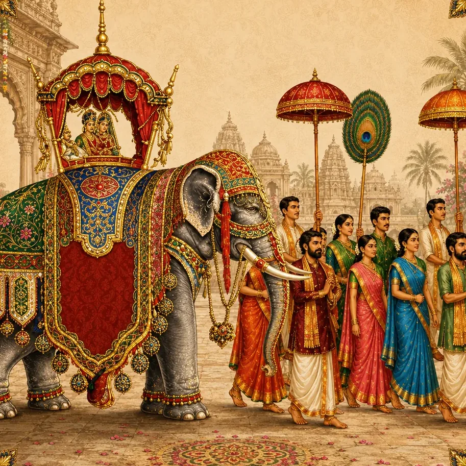 A ceremonial wedding procession led by a richly adorned elephant
