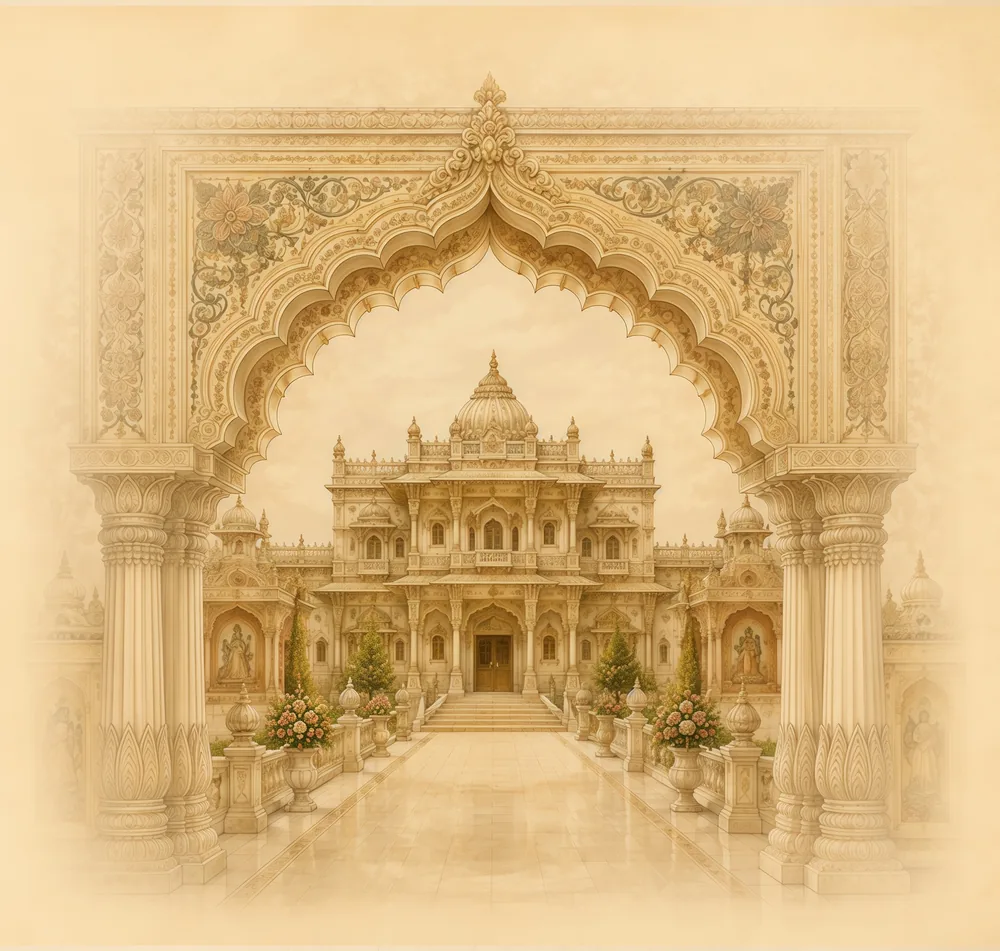 The palace courtyard seen through an ornate golden arch